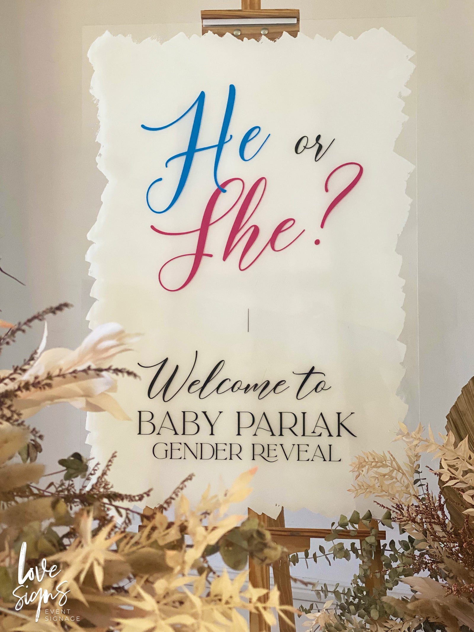 MODERN CALLIGRAPHY BABY GENDER REVEAL WELCOME SIGN / WHITE HAND PAINTED BACK (B601)