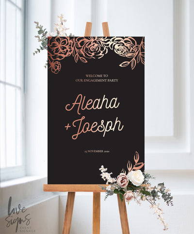 ELEGANT FLORAL ENGAGEMENT WELCOME SIGN / BLACK (E119)