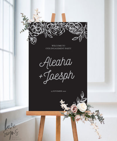 ELEGANT FLORAL ENGAGEMENT WELCOME SIGN / BLACK (E119)