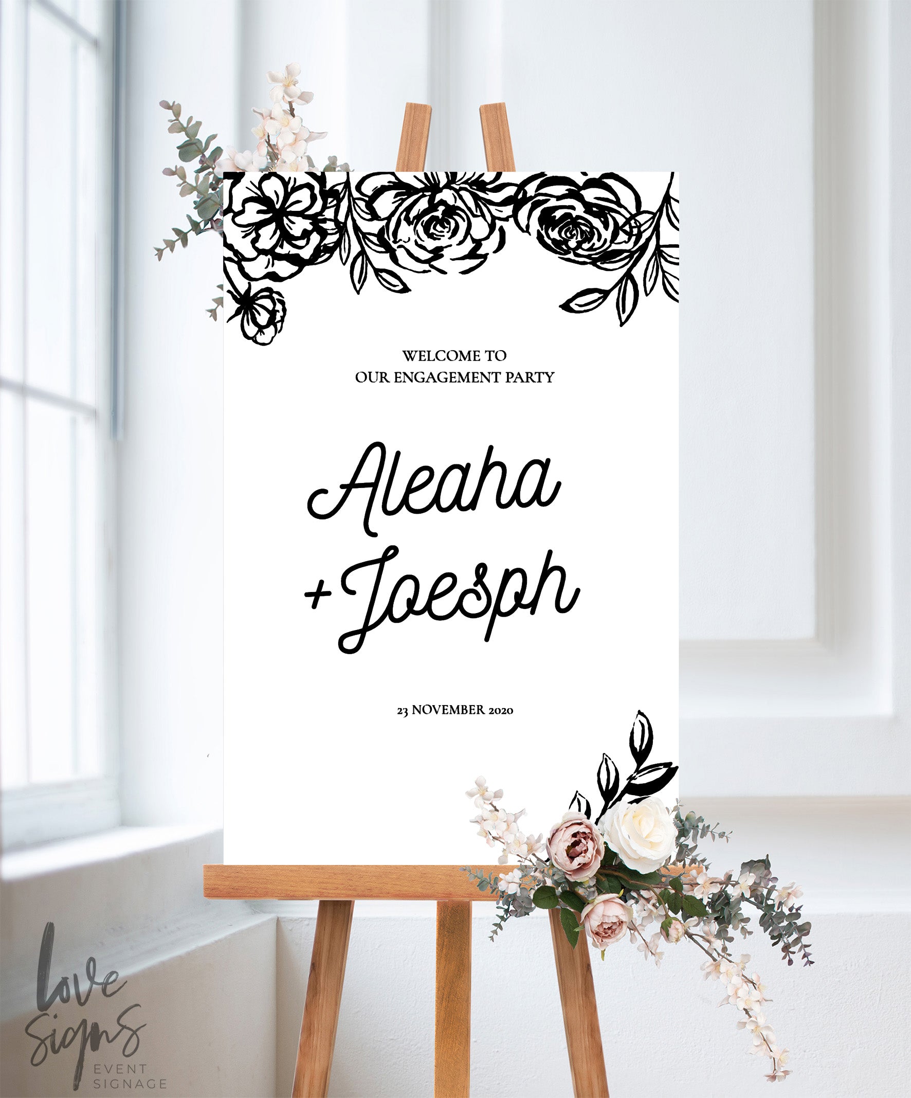 ELEGANT FLORAL ENGAGEMENT WELCOME SIGN / WHITE (E119)