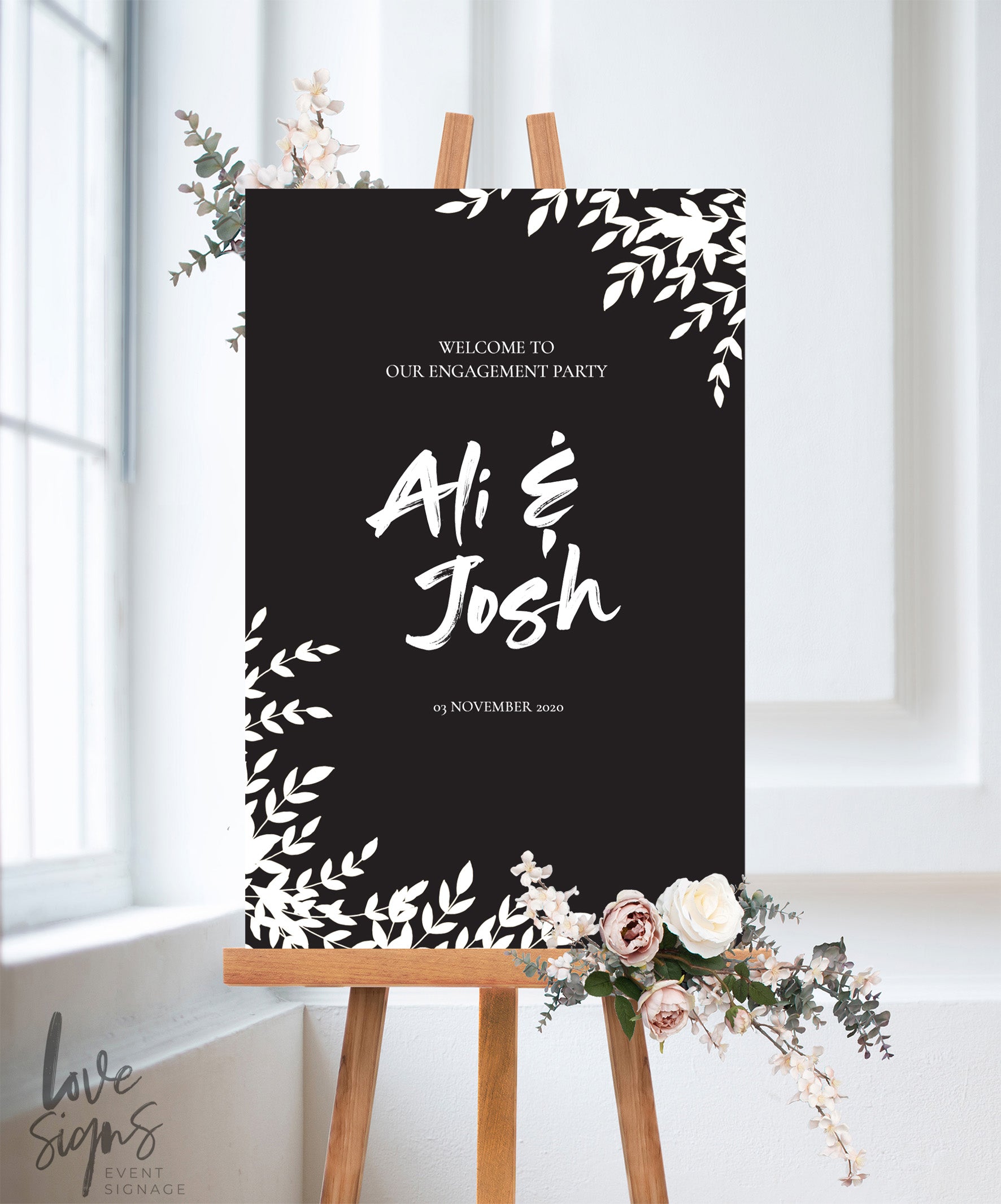 FLORAL BRUSH ENGAGEMENT WELCOME SIGN / BLACK (E123)