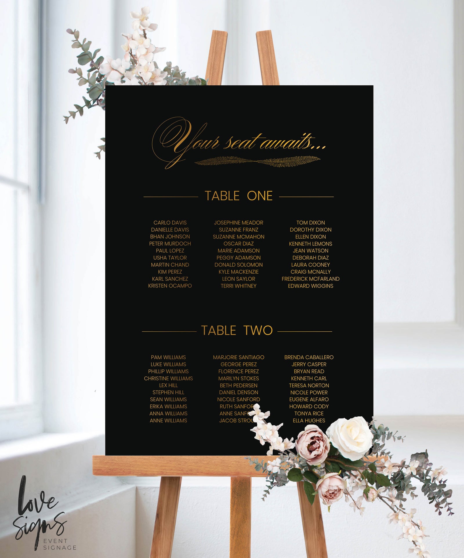 SCRIPT WEDDING SEATING SIGN / BLACK ACRYLIC (S717) / 'YOUR SEAT AWAITS'