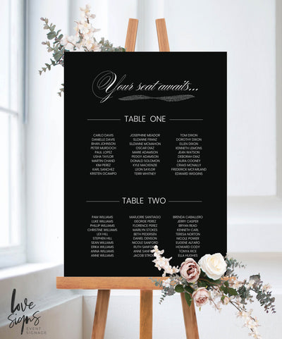 SCRIPT WEDDING SEATING SIGN / BLACK ACRYLIC (S717) / 'YOUR SEAT AWAITS'