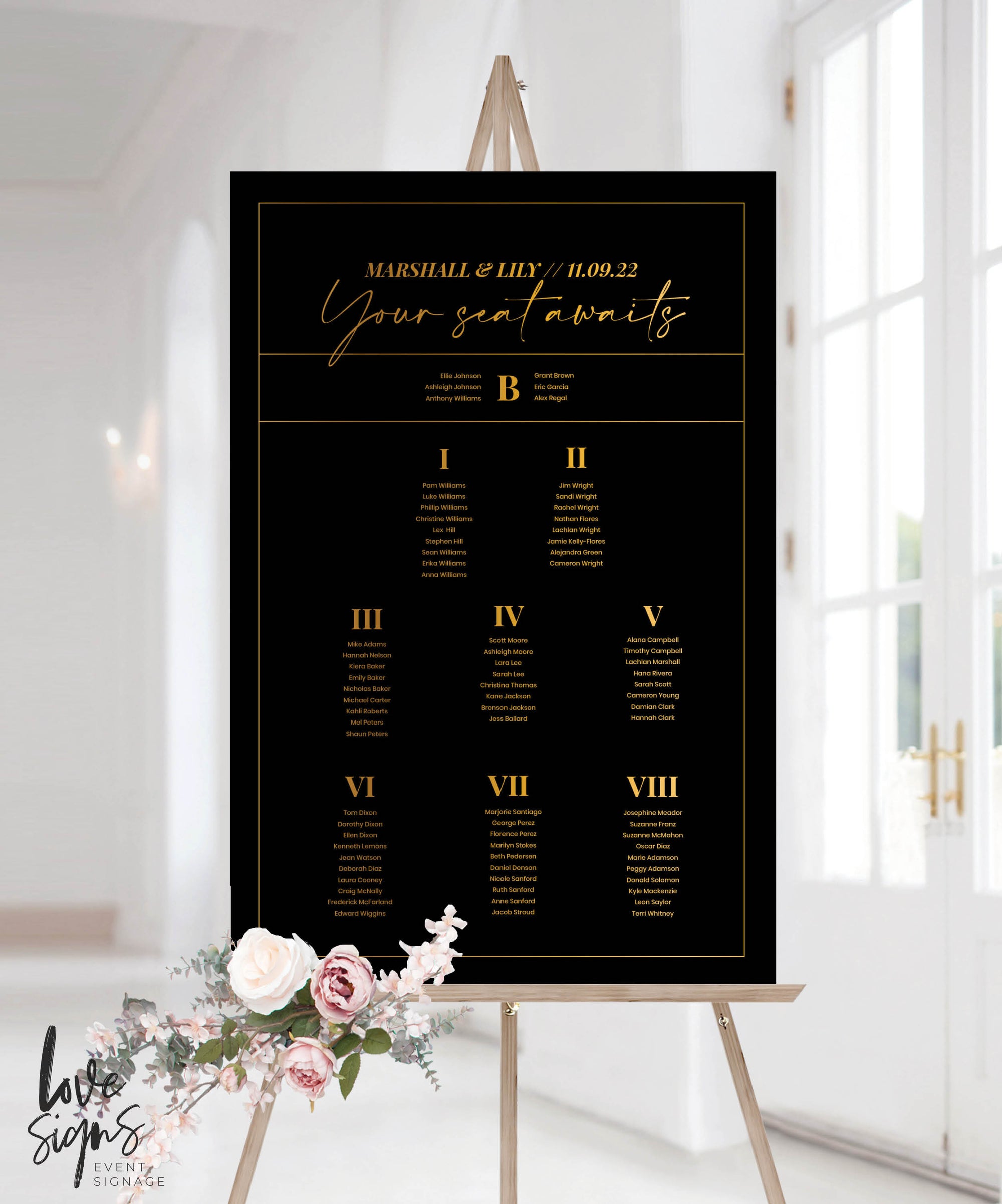 CLASSIC WEDDING SEATING SIGN / BLACK ACRYLIC (S720) / 'YOUR SEAT AWAITS'