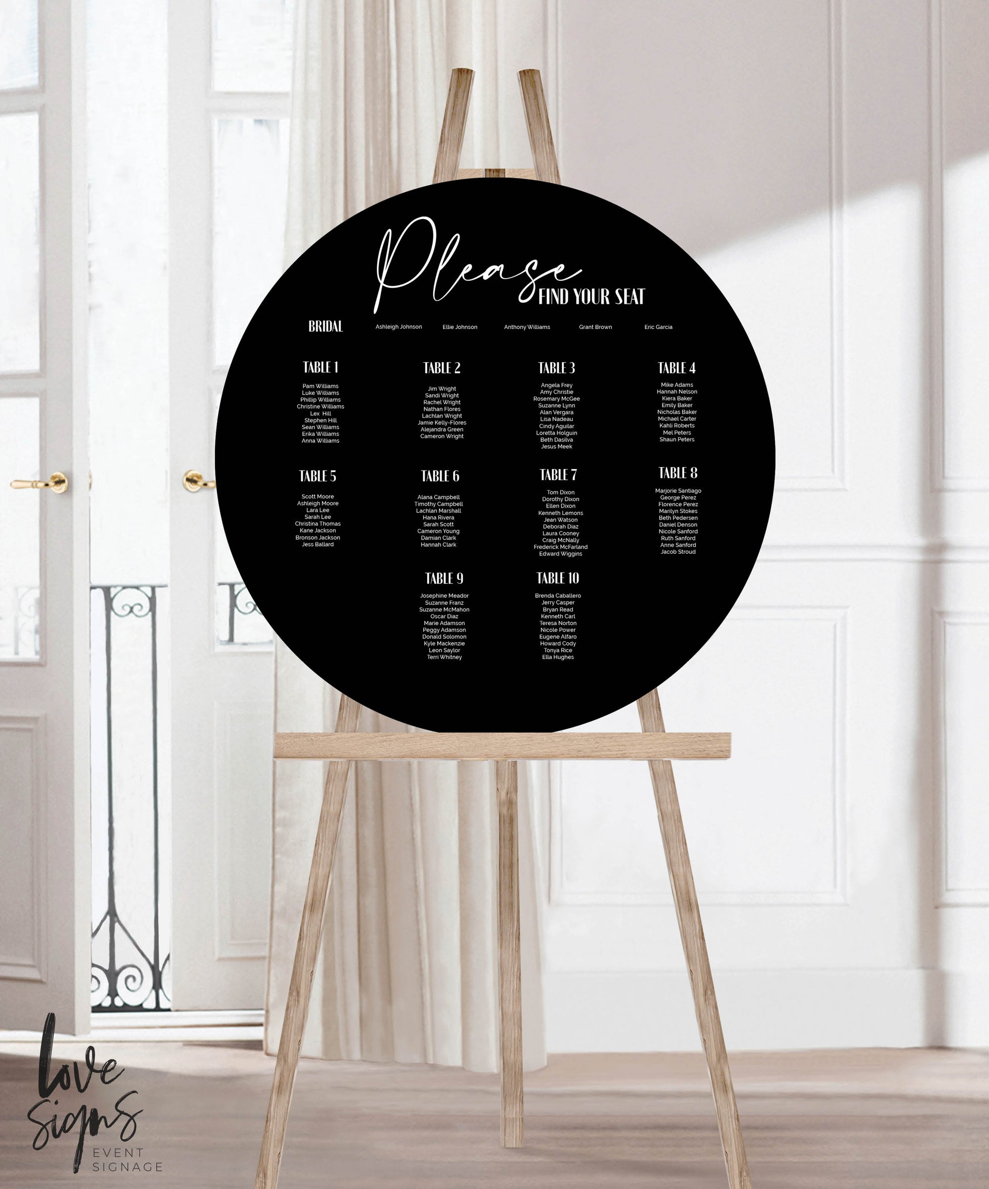 MODERN CIRCLE WEDDING SEATING SIGN / BLACK ACRYLIC (S724) / 'PLEASE FIND YOUR SEAT'
