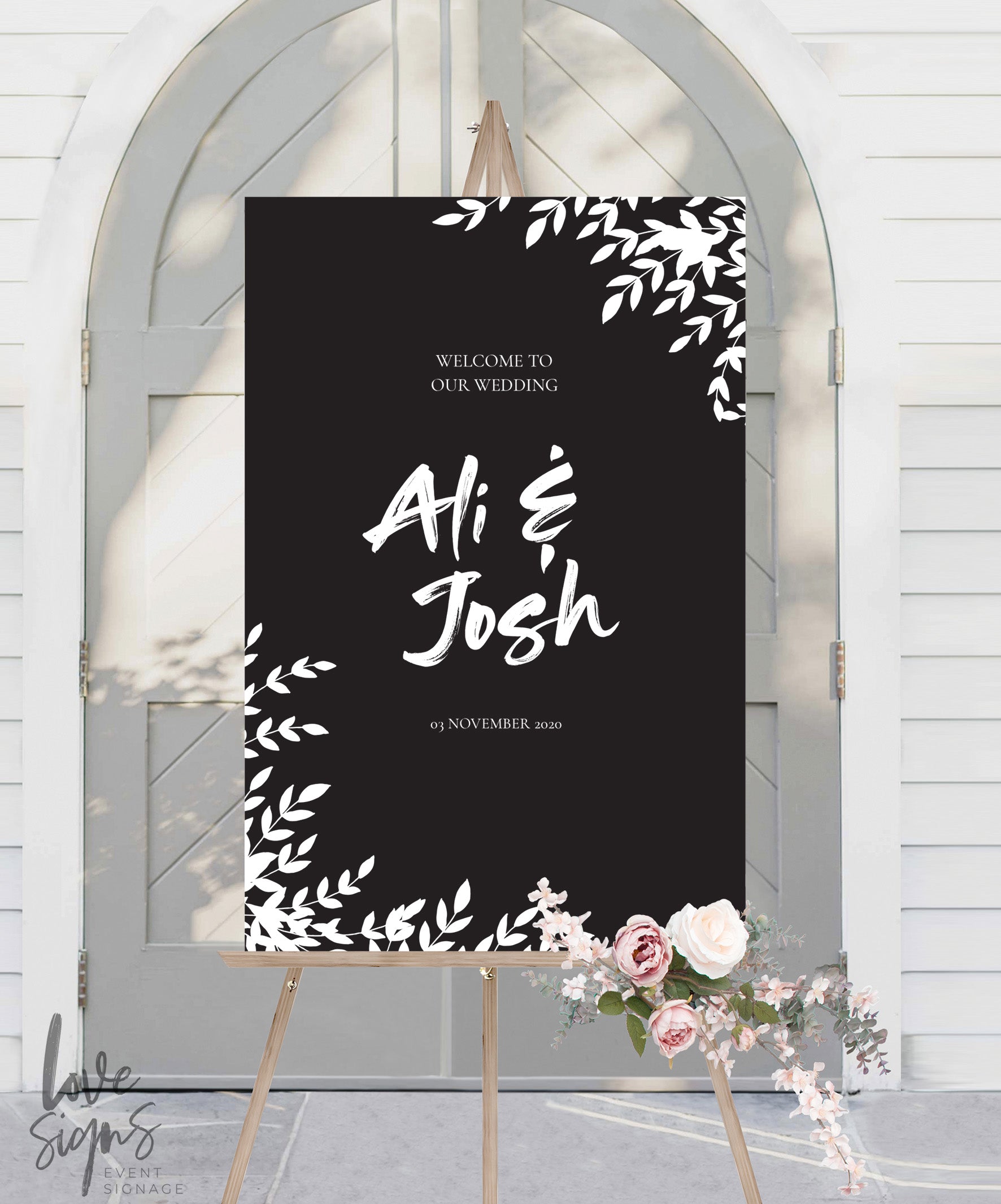FLORAL BRUSH WEDDING WELCOME SIGN / BLACK (W323)