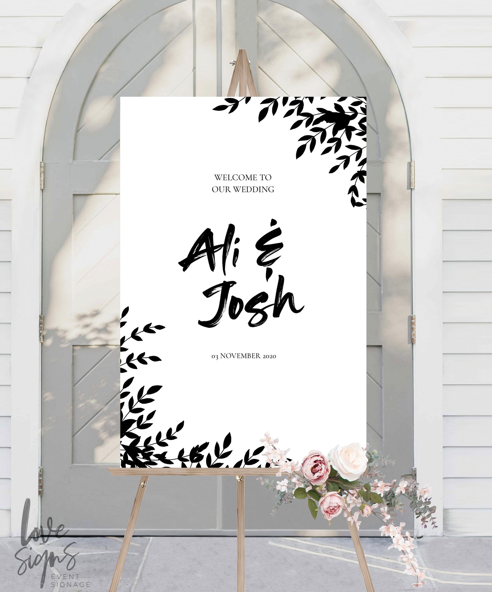 FLORAL BRUSH WEDDING WELCOME SIGN / WHITE (W323)