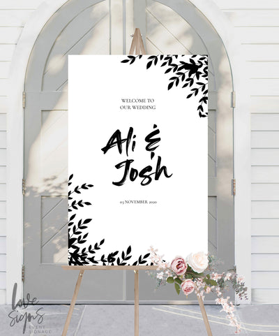 FLORAL BRUSH WEDDING WELCOME SIGN / WHITE (W323)